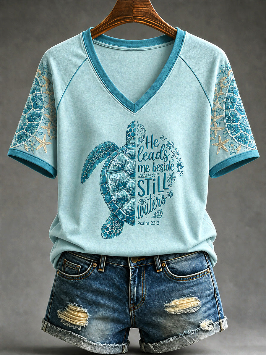 He Leads Me Beside Still Waters Psalm 23 2 V-Neck Shirt Christian Turtle Sea Clothing