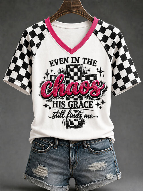 Even In The Chaos His Grace Still Finds Me V-Neck Shirt Christian Faith Merch Bible Study Gifts