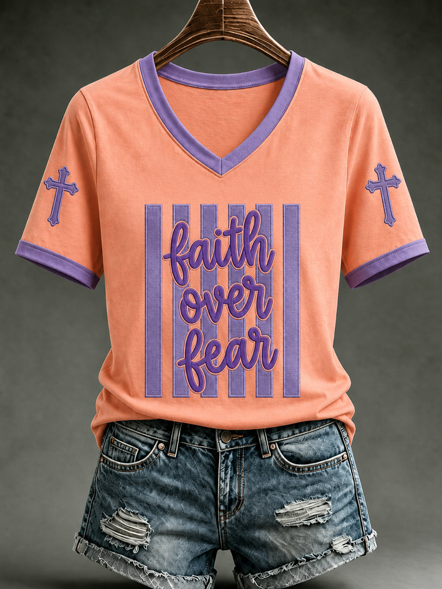 Faith Over Fear V-Neck Shirt Christian Cross Merch Christian Mom Christmas Gift