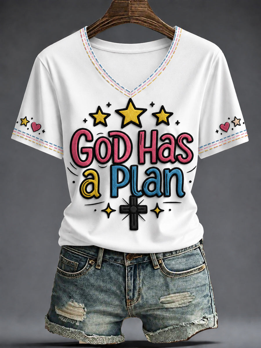 God Has A Plan V-Neck Shirt Christian Faith Cross Apparel Cool Merch Gifts For Fans