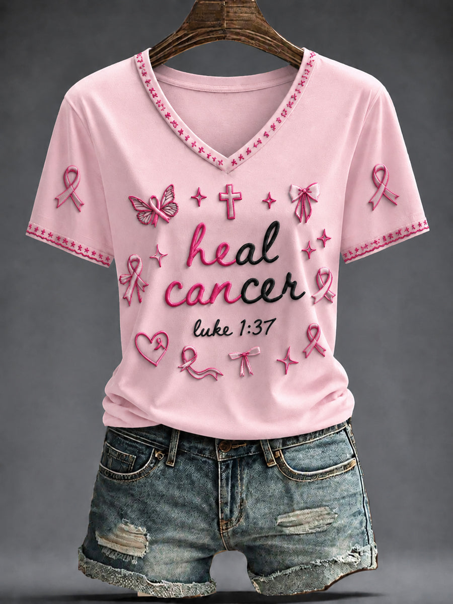 Heal Cancer Luke 1 37 V-Neck Shirt Breast Cancer Awareness Shirt Faith Warrior Support Gift