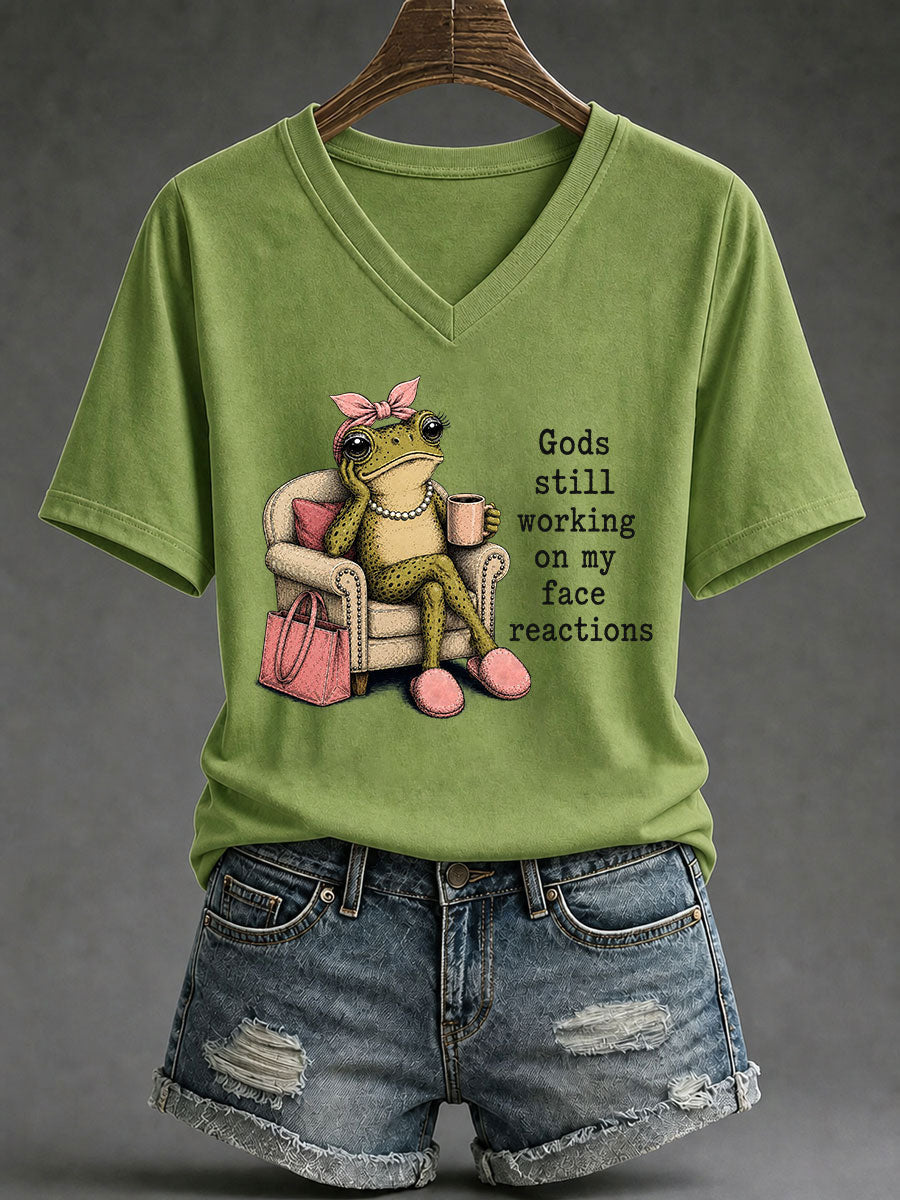 Gods Still Working On My Face Reactions V-Neck Shirt Funny Frog Clothing Present Ideas