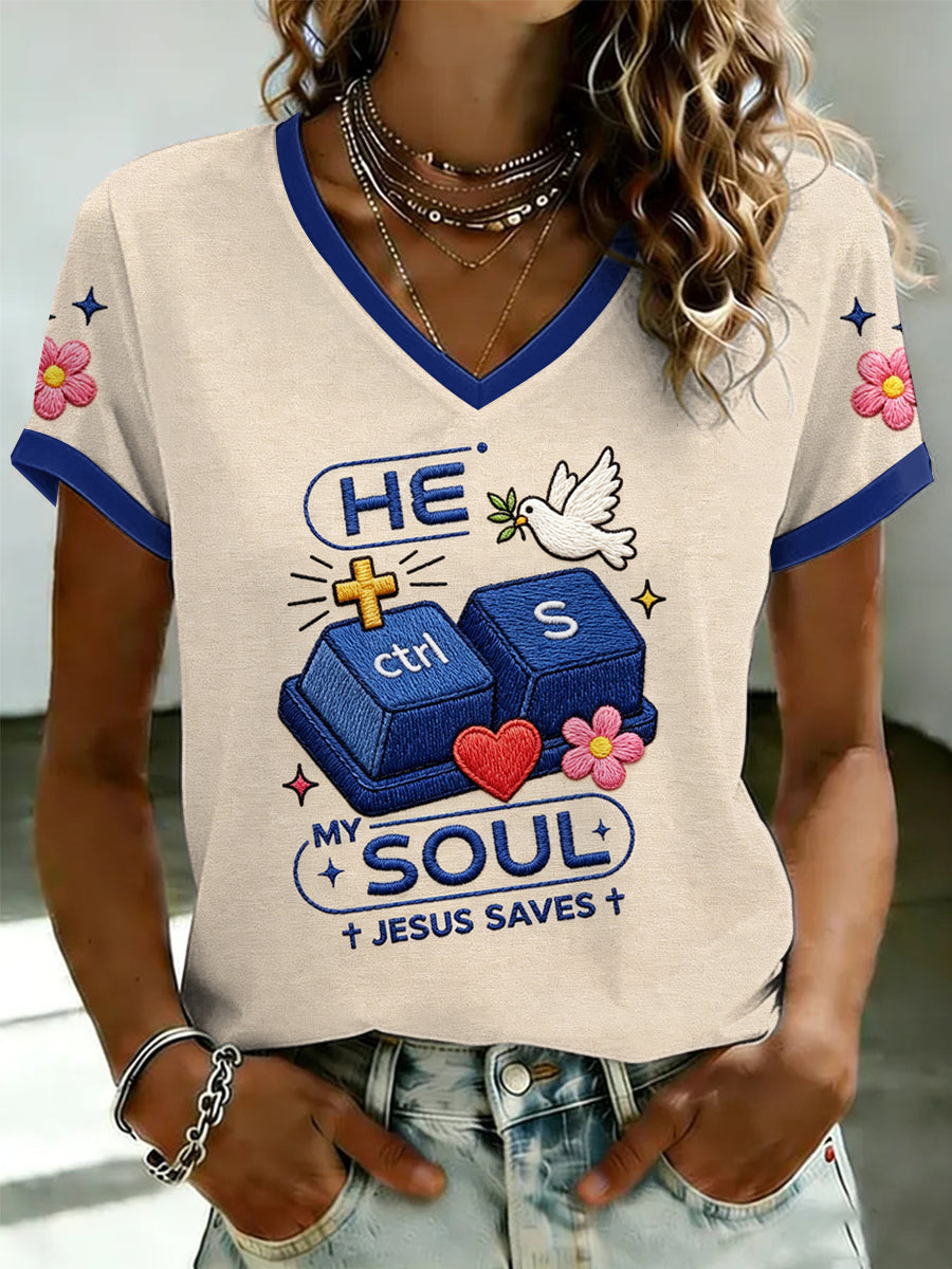 He Is My Soul Jesus Saves V-Neck Shirt Christian Faith Jesus Merch Spiritual Grad Gifts
