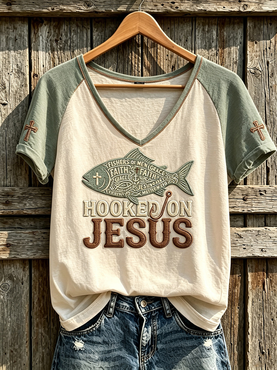 Hooked On Jesus V-Neck Shirt Christian Faith Clothing Good Gifts For Men