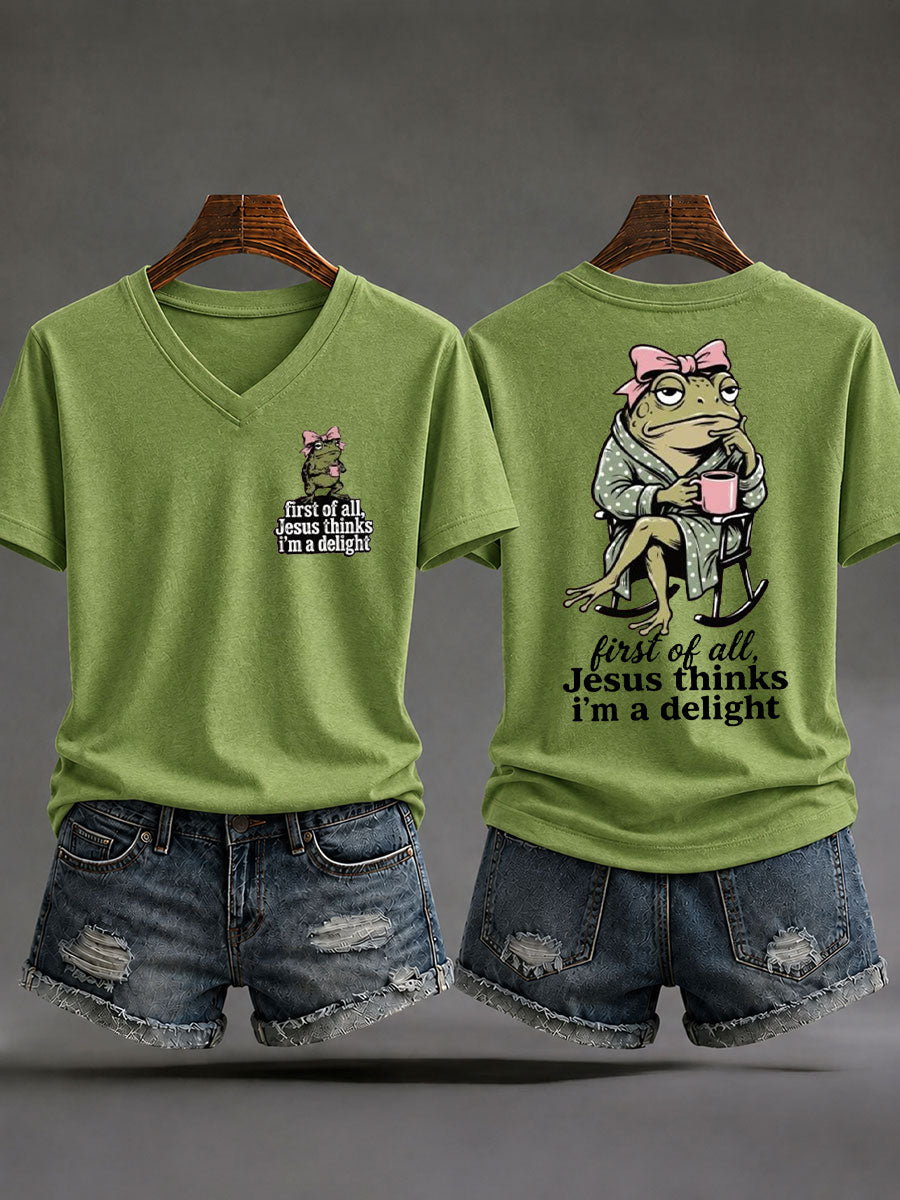 First Of All Jesus Thinks I_m A Delight V-Neck Shirt Christian Faith Clothes Fun Gifts For Fans