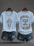 Even In The Chaos His Grace Still Finds Me V-Neck Shirt Christian Faith Cross Flowers Apparel