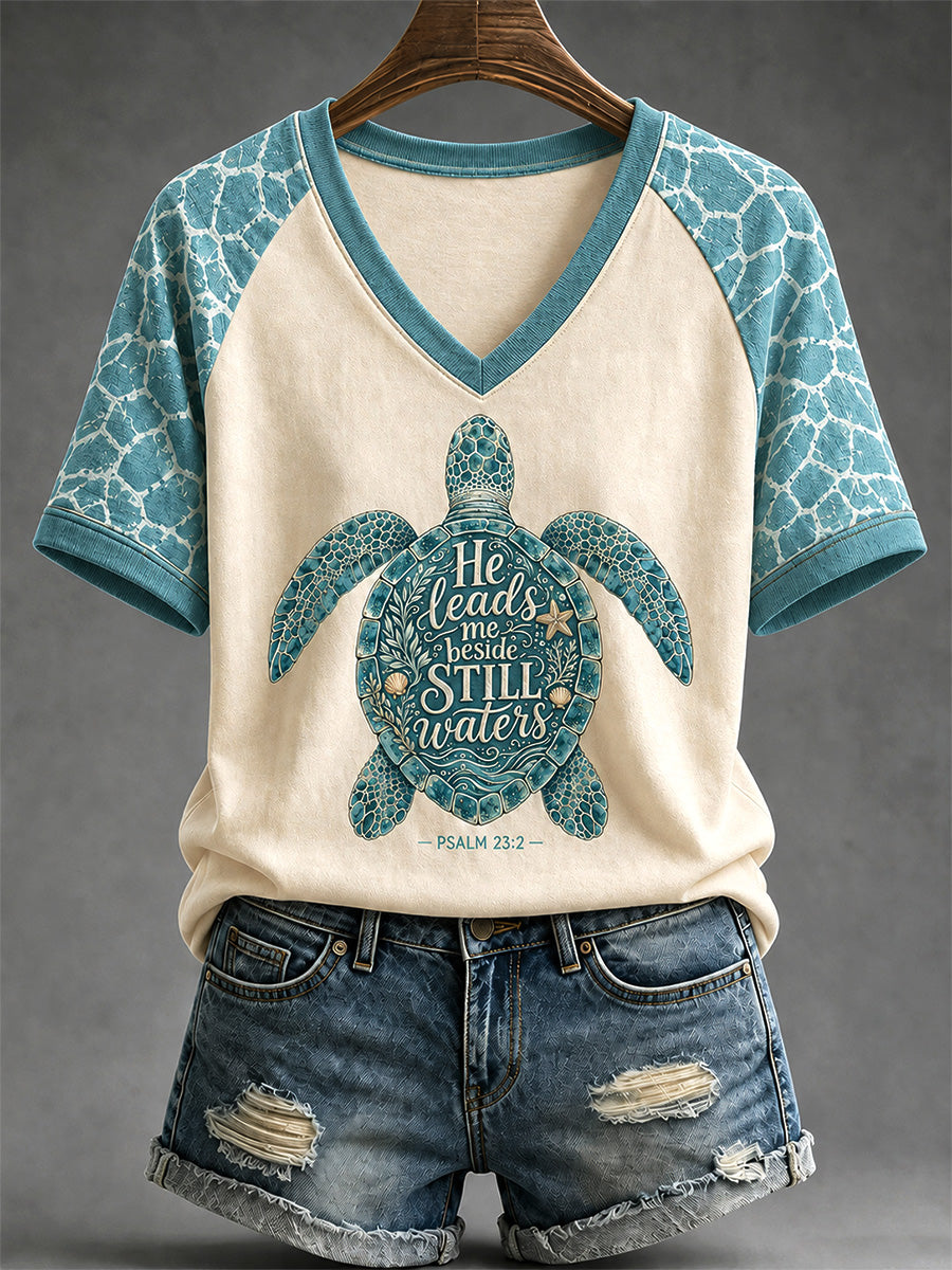 He Leads Me Beside Still Waters Psalm 23 2 V-Neck Shirt Christian Turtle Merch Present Ideas