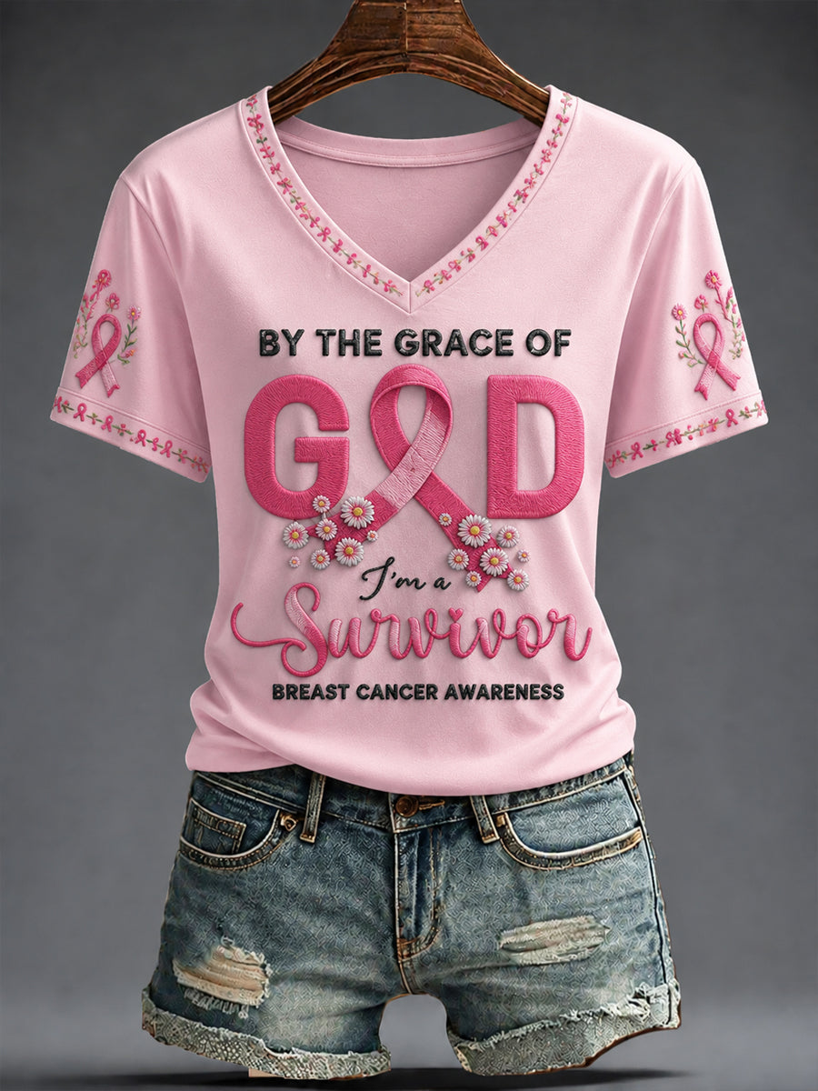 By The Grace Of God I_m A Survivor V-Neck Shirt Cancer Survivor Warrior Gift