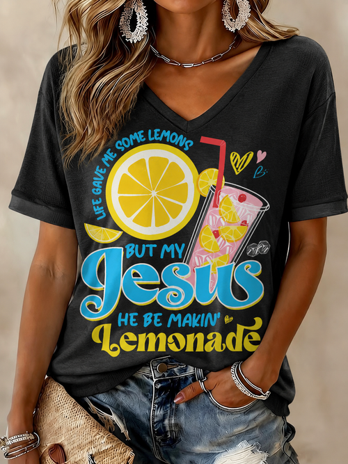 But My Jesus He Be Makin Lemonade V-Neck Shirt Christian Faith Merch Best Gifts