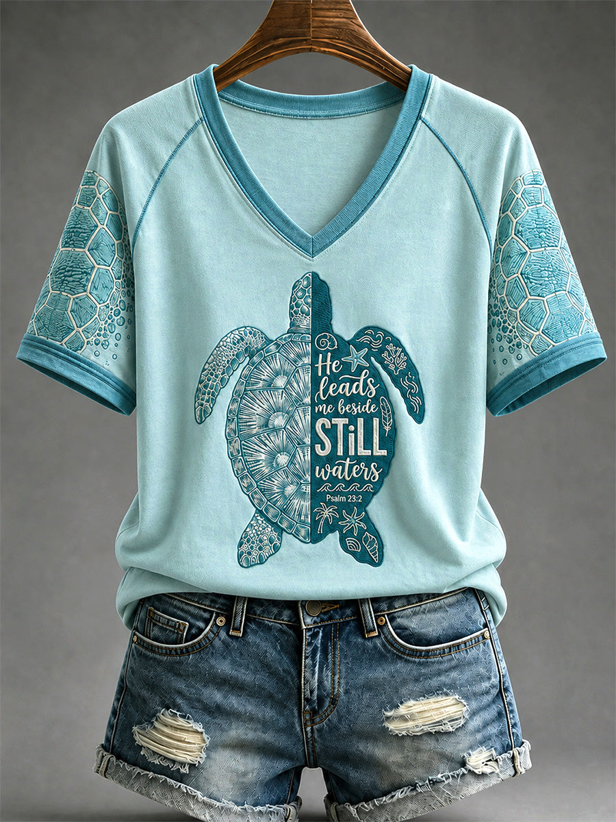 He Leads Me Beside Still Waters Psalm 23 2 V-Neck Shirt Christian Turtle Clothing Gifts