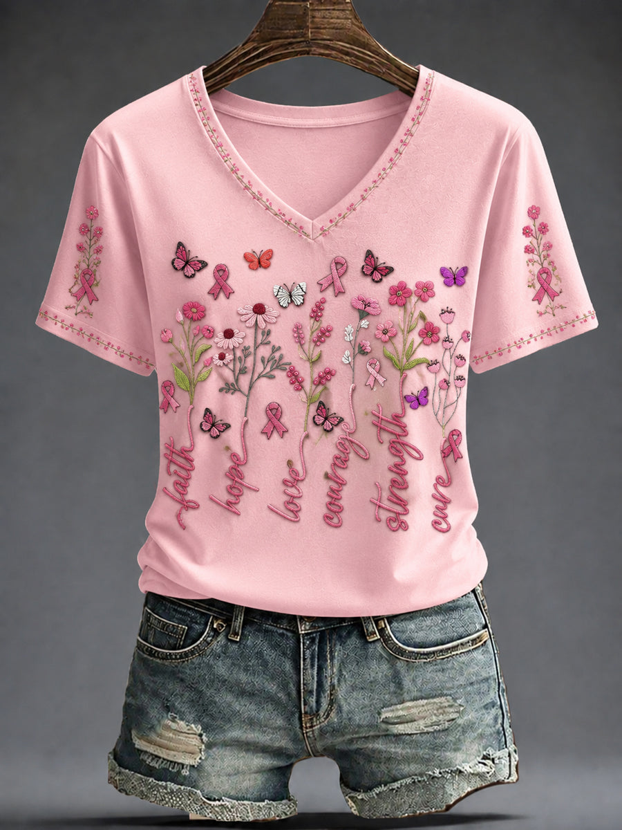 Breast Cancer Awareness V-Neck Shirt Pink Ribbon Floral Shirt Unique Gifts