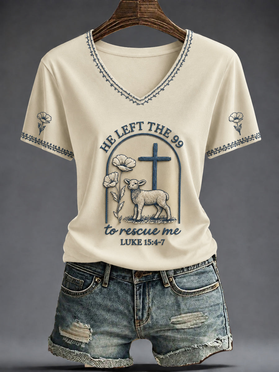 He Left The 99 To Rescue Me Luke 15 4-7 V-Neck Shirt Christian Lamb Cross Apparel