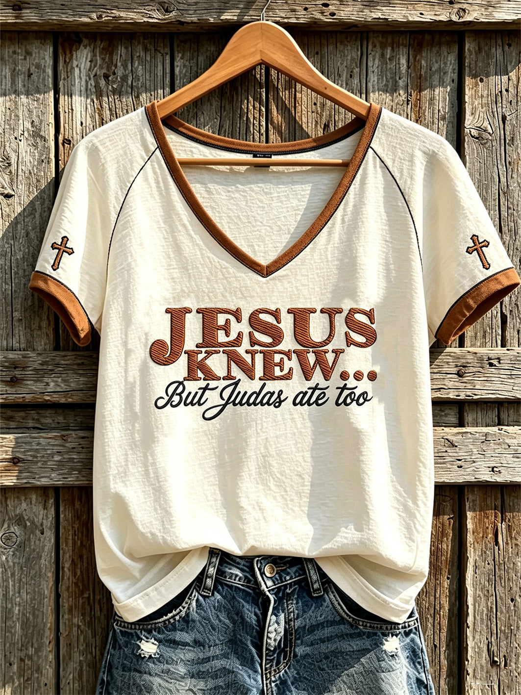 Jesus Knew But Judas Ate Too V-Neck Shirt Christian Cross Merch Pastor Appreciation Gift