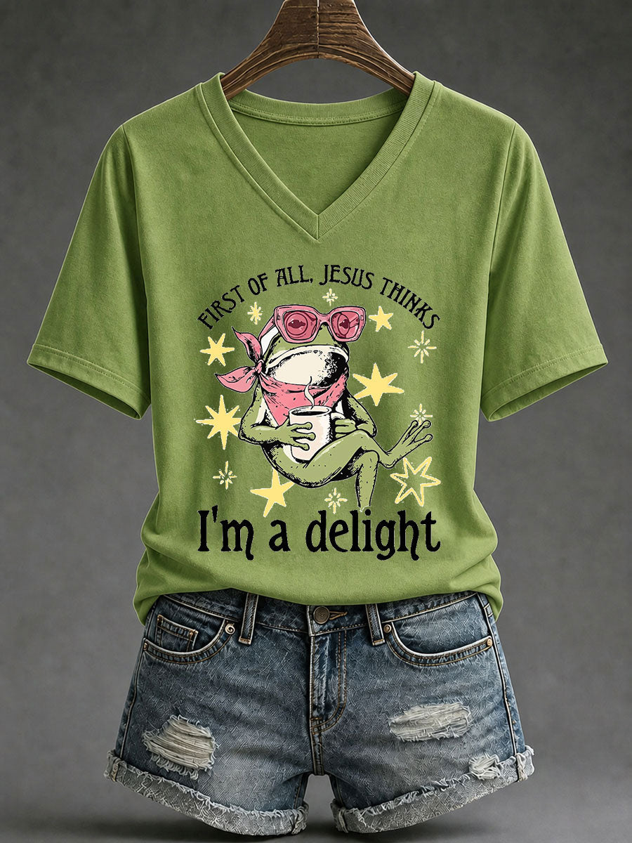 First Of All Jesus Thinks I_m A Delight V-Neck Shirt Christian Faith Apparel Christian Dad Gift