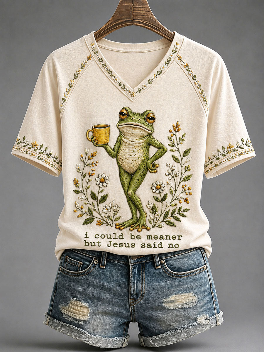 I Could Be Meaner But Jesus Said No V-Neck Shirt Christian Frog Merch Christian Gifts