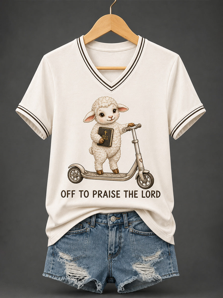 Off To Praise The Lord V-Neck Shirt Cute Lamb Holding Bible Shirt Cool Gifts For Fans
