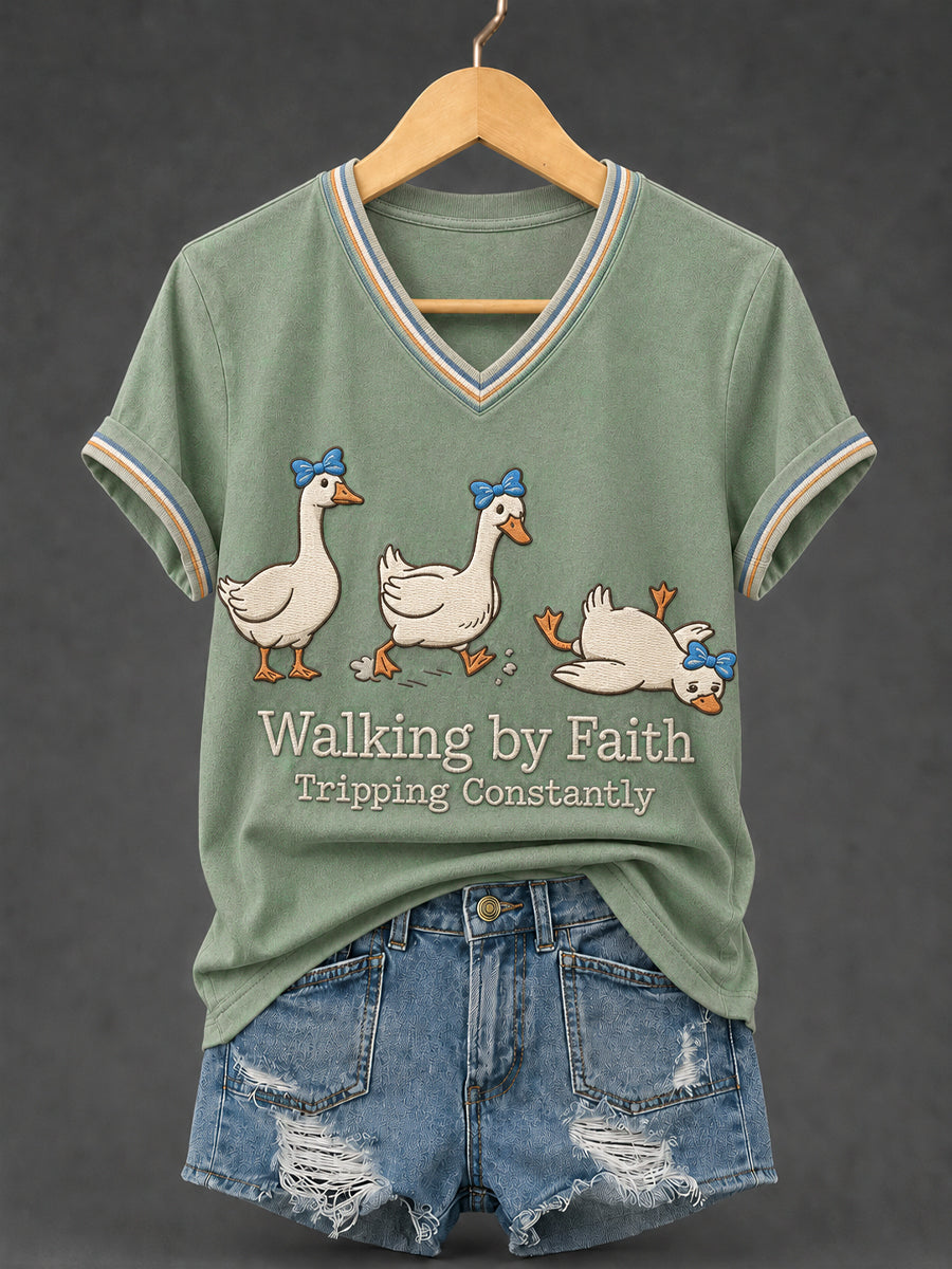 Walking By Faith Tripping Constantly V-Neck Shirt Christian Humor Apparel Faith Gifts Father