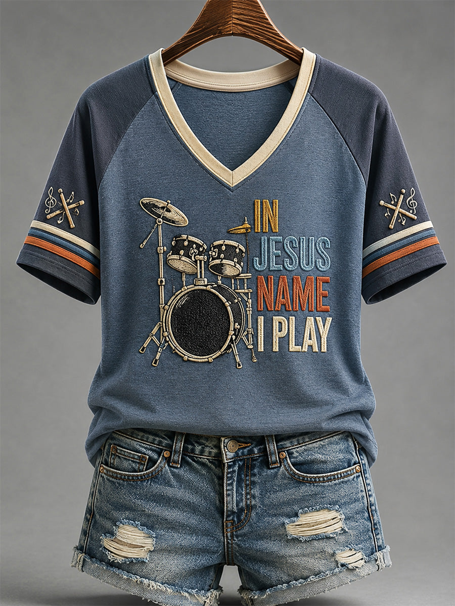 In Jesus Name I Play V-Neck Shirt Christian Drums Music Merch Fun Gifts For Fans
