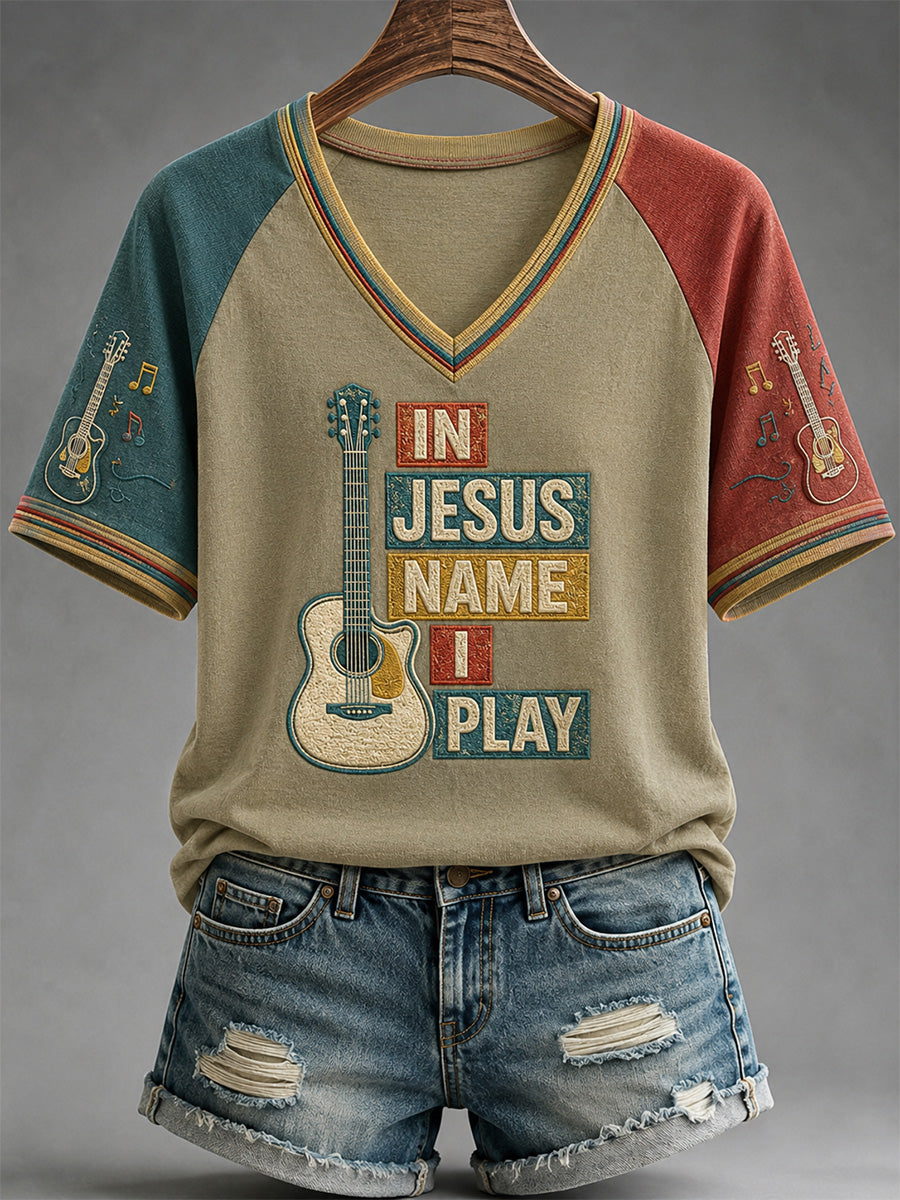 In Jesus Name I Play V-Neck Shirt Christian Guitar Merch Holiday Gifts For Fans