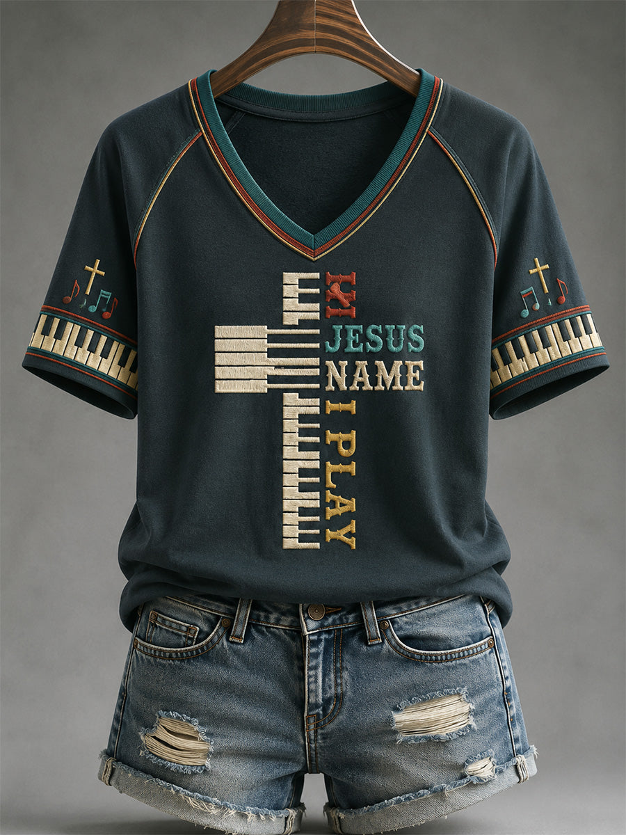 In Jesus Name I Play V-Neck Shirt Christian Music Cross Clothes Fun Gifts For Fans
