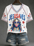 Jesus Saves V-Neck Shirt Christian Patriotic Merch Religious Easter Gifts