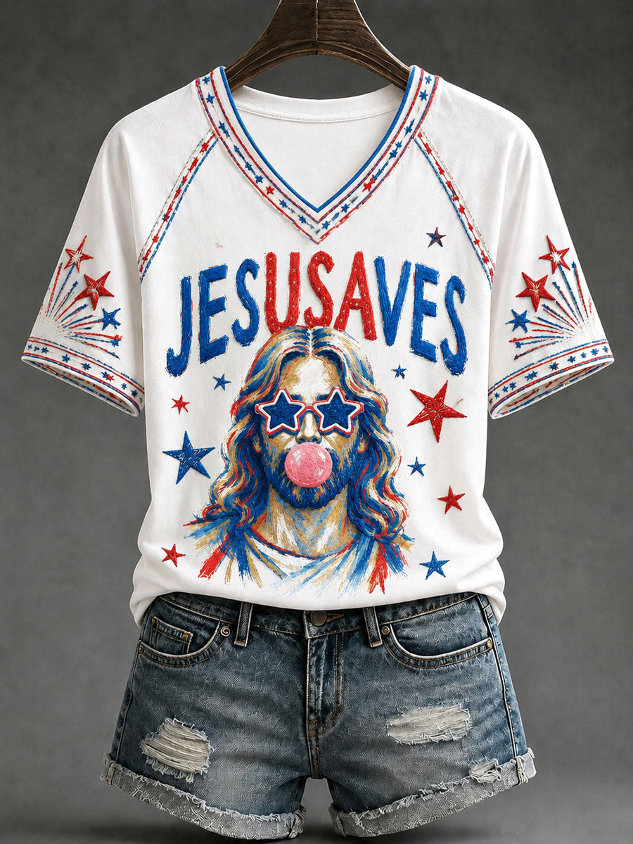 Jesus Saves V-Neck Shirt Christian Patriotic Merch Religious Easter Gifts