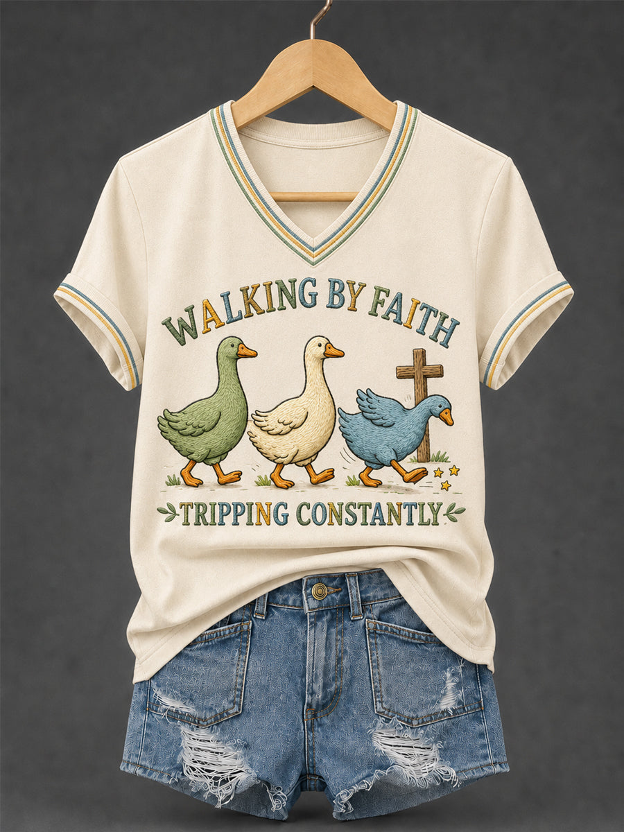 Walking By Faith Tripping Constantly V-Neck Shirt Christian Faith Apparel Christian Gift Friend