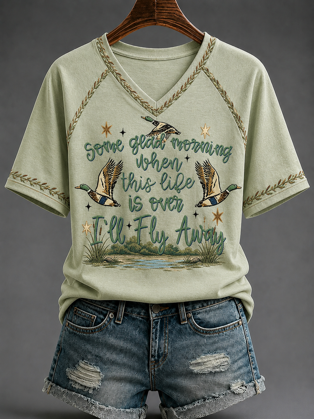 Some Glad Morning When This Life Is Over I_ll Fly Away V-Neck Shirt Christian Nature Clothing
