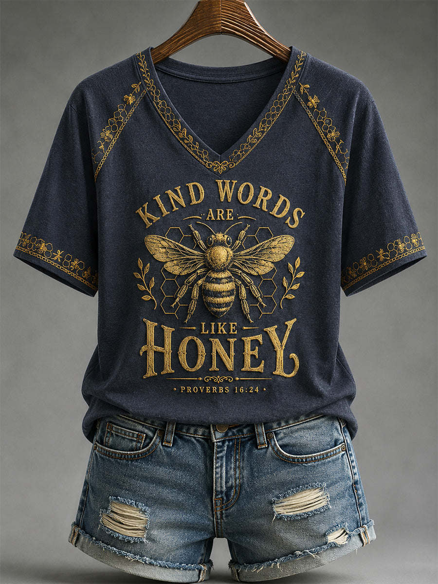 Kind Words Are Like Honey Proverbs 16 24 V-Neck Shirt Christian Bee Merch Christian Dad Gift