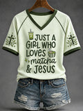Just A Girl Who Loves Matcha Jesus V-Neck Shirt Christian Faith Matcha Merch Baptism Gift Men