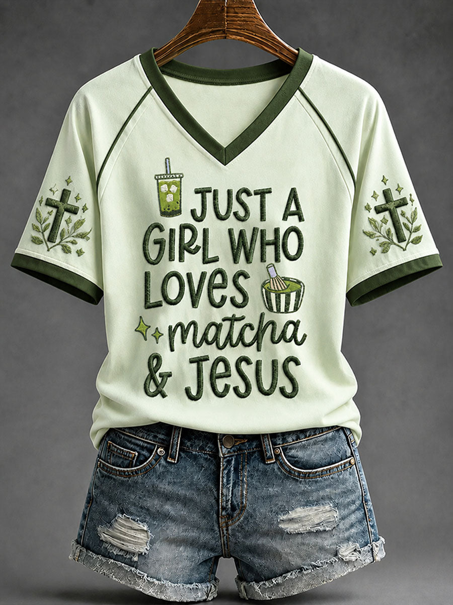 Just A Girl Who Loves Matcha Jesus V-Neck Shirt Christian Faith Matcha Merch Baptism Gift Men