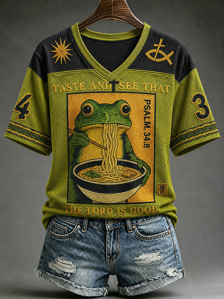 Taste And See That The Lord Is Good Psalm 34 8 V-Neck Shirt Christian Fish Symbol Merch