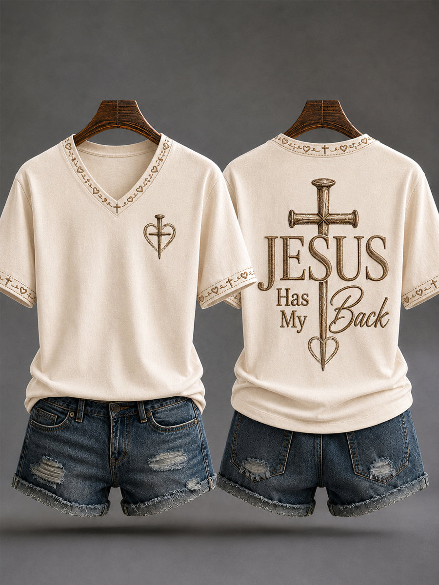 Jesus Has My Back V-Neck Shirt Christian Faith Cross Clothes Christian Gifts For Men