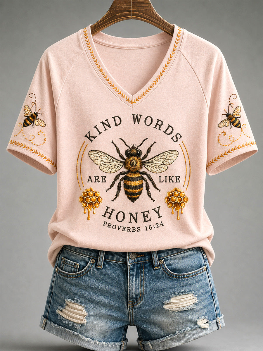 Kind Words Are Like Honey Proverbs 16 24 V-Neck Shirt Christian Bee Merch Ministry Leader Gift