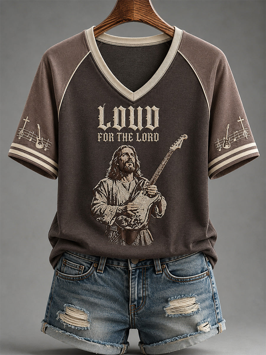 Loud For The Lord V-Neck Shirt Christian Guitar Music Merch Pastor Appreciation Gift