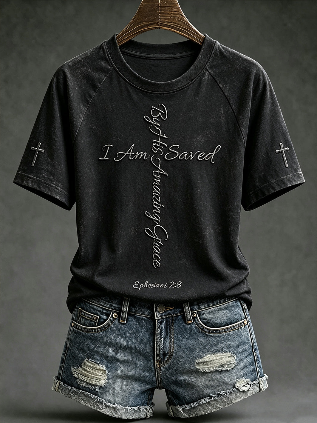 I Am Saved By His Amazing Grace Ephesians 2 8 T-Shirt Christian Cross Faith Apparel