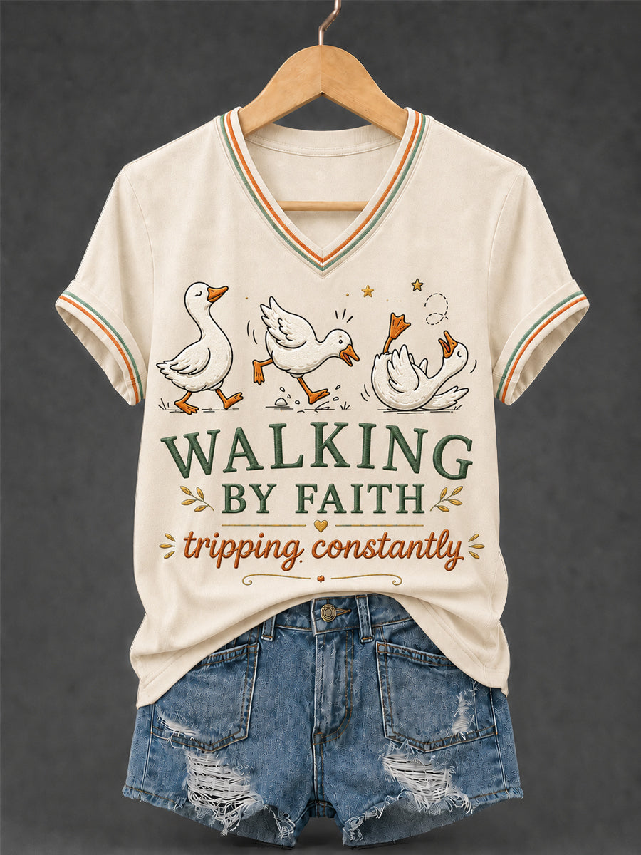 Walking By Faith Tripping Constantly V-Neck Shirt Christian Faith Humor Apparel