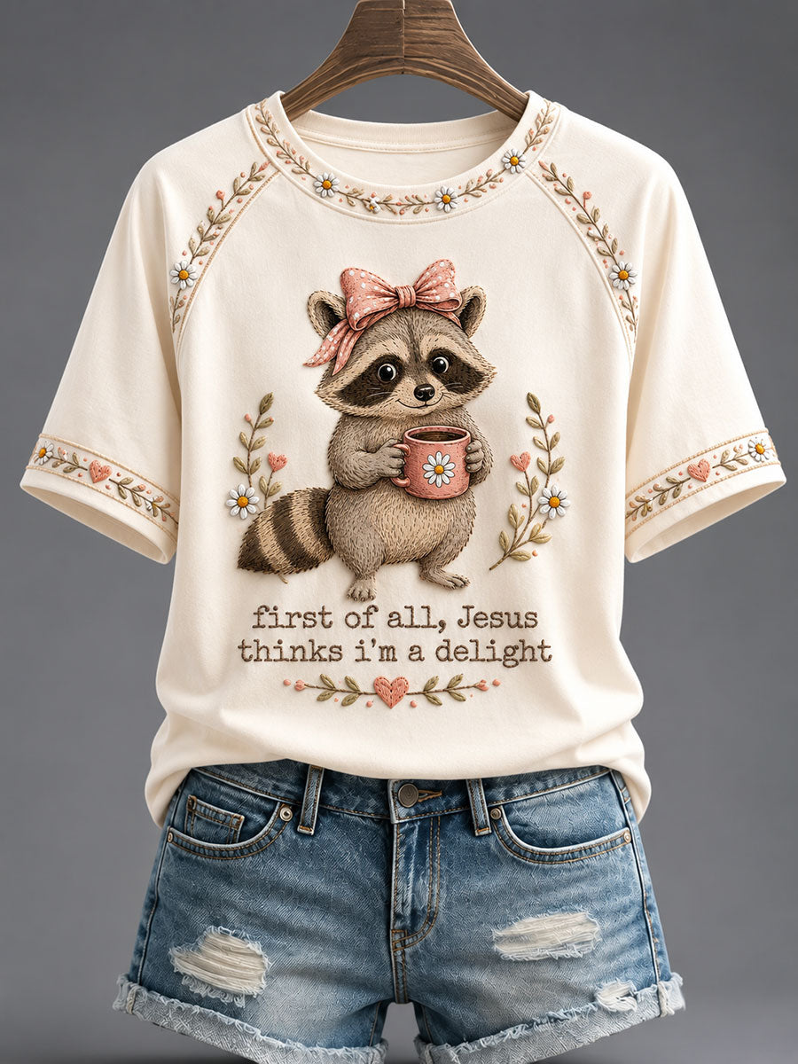 First Of All Jesus Thinks I_m A Delight T-Shirt Christian Raccoon Merch Christian Teen Gift