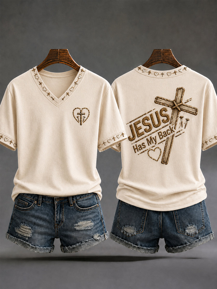 Jesus Has My Back V-Neck Shirt Christian Cross Faith Clothes Spiritual Grad Gifts Wife