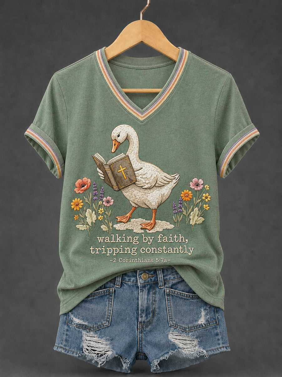 Walking By Faith Tripping Constantly V-Neck Shirt Christian Faith Apparel Good Gifts