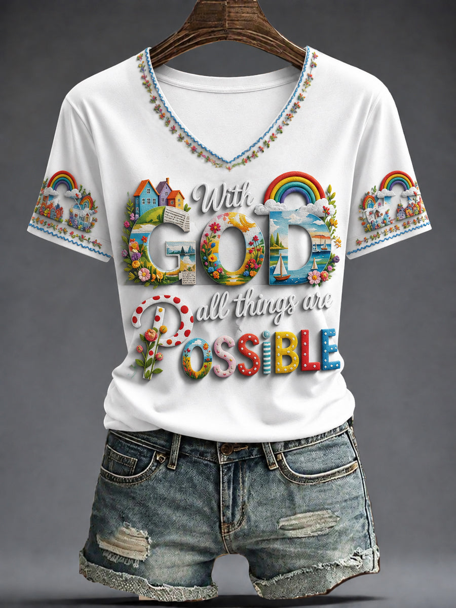 With God All Things Are Possible V-Neck Shirt Christian Faith Hope Rainbow Merch