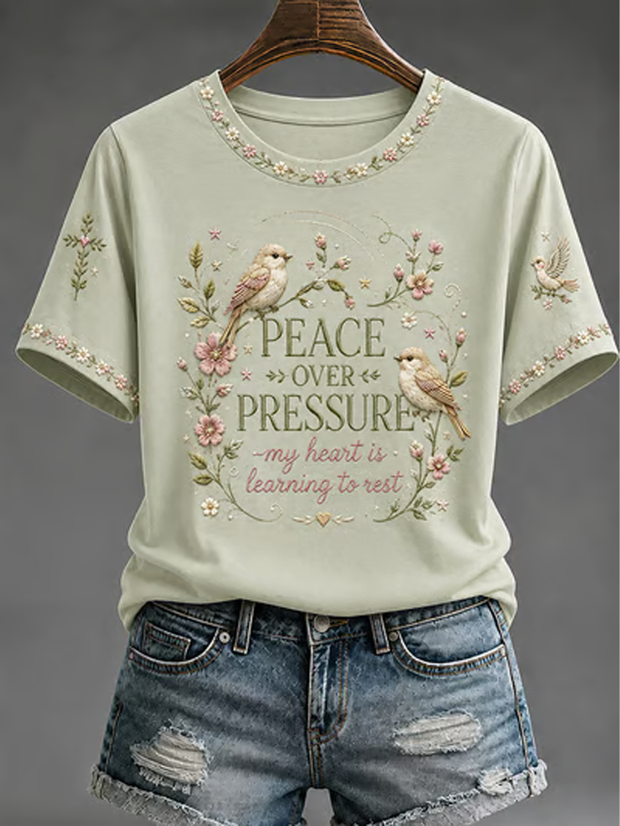 Peace Over Pressure My Heart Is Learning To Rest T-Shirt Christian Faith Birds Floral Apparel