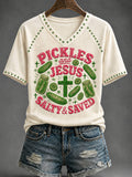 Pickles And Jesus Salty Saved V-Neck Shirt Christian Cross Jesus Clothes
