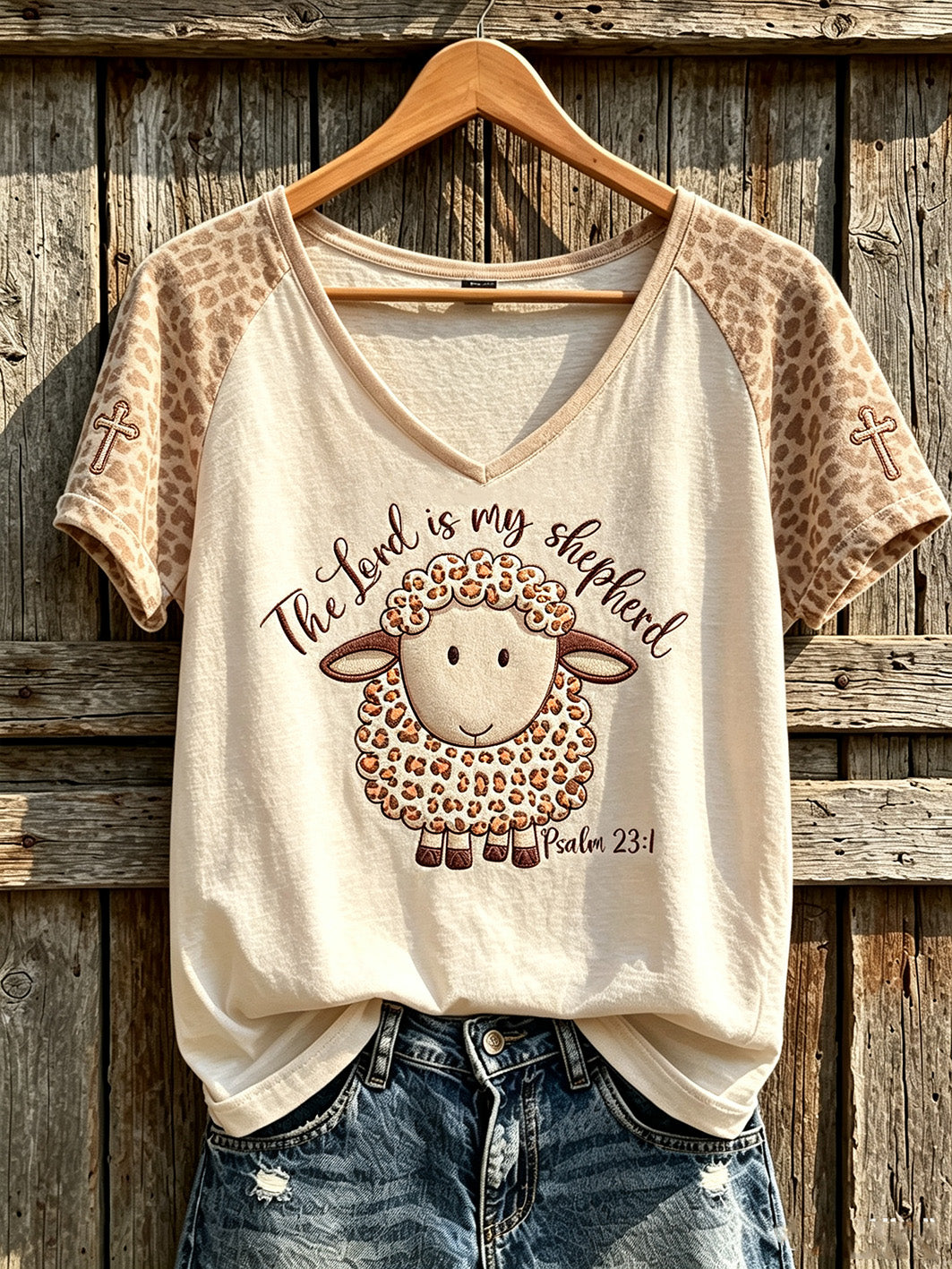 The Lord Is My Shepherd Psalm 23 1 V-Neck Shirt Christian Sheep Cross Clothing Gifts For Fans