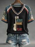 In Jesus Name I Play V-Neck Shirt Christian Guitar Music Clothes Gift For Spiritual Mentor