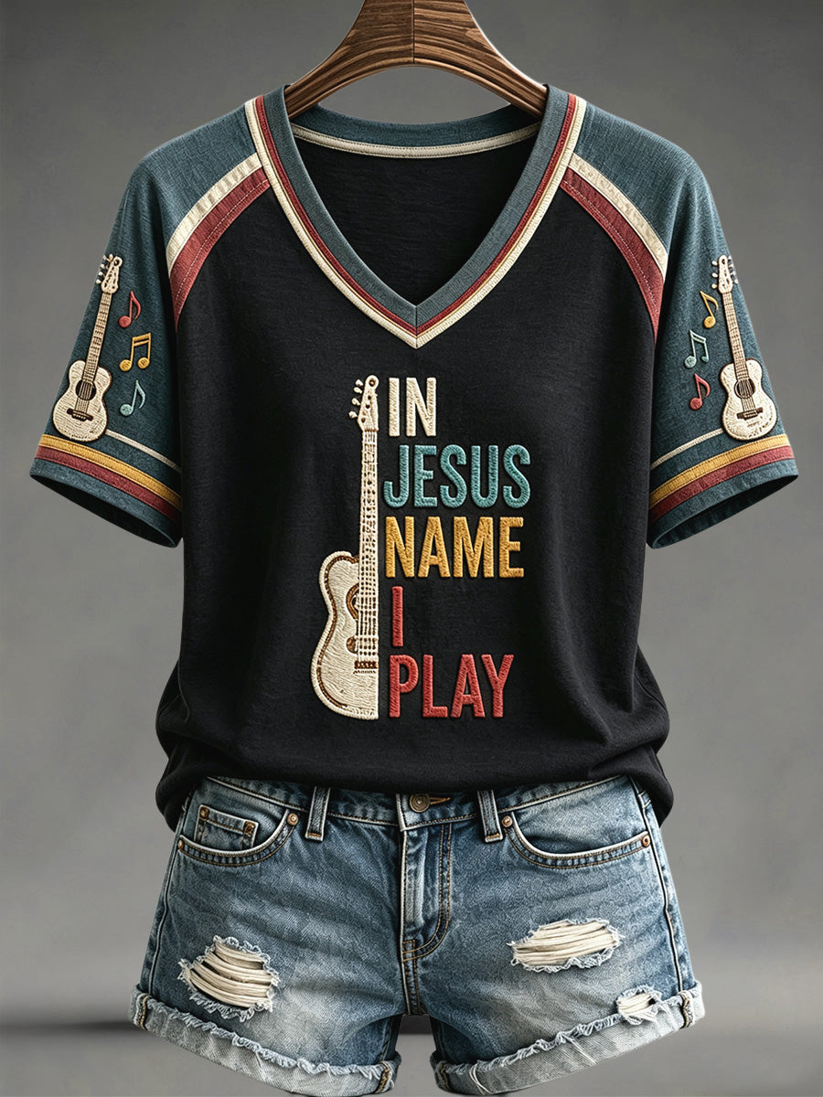 In Jesus Name I Play V-Neck Shirt Christian Guitar Music Clothes Gift For Spiritual Mentor