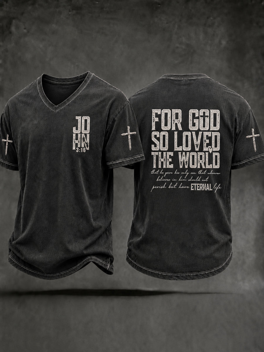 John 3 16 For God So Loved The World V-Neck Shirt Religious Cross Clothes Birthday Gift
