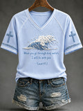 When You Go Through Deep Waters I Will Be With You V-Neck Shirt Faith Cross Wave Merch