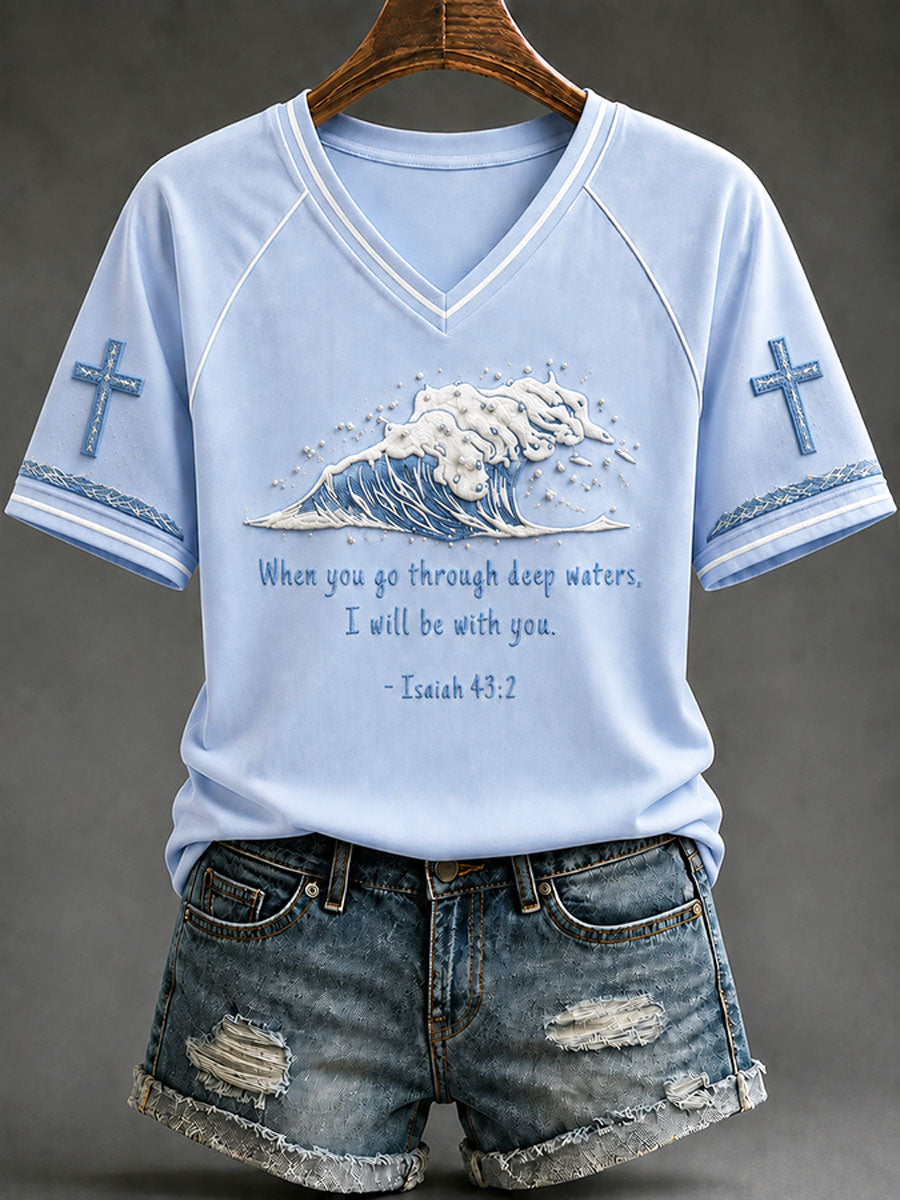 When You Go Through Deep Waters I Will Be With You V-Neck Shirt Faith Cross Wave Merch