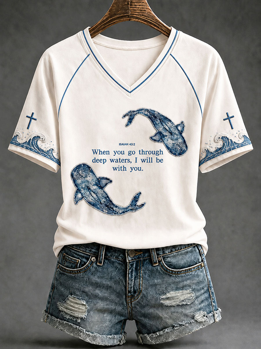 When You Go Through Deep Waters V-Neck Shirt Wave Cross Sleeve Faith Apparel Gift